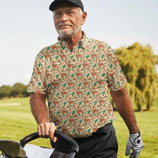Vintage Mariachi Guitar Piata Mexico Polo, Hawaiian Golf Vacation Top, Cinco de Mayo Mens