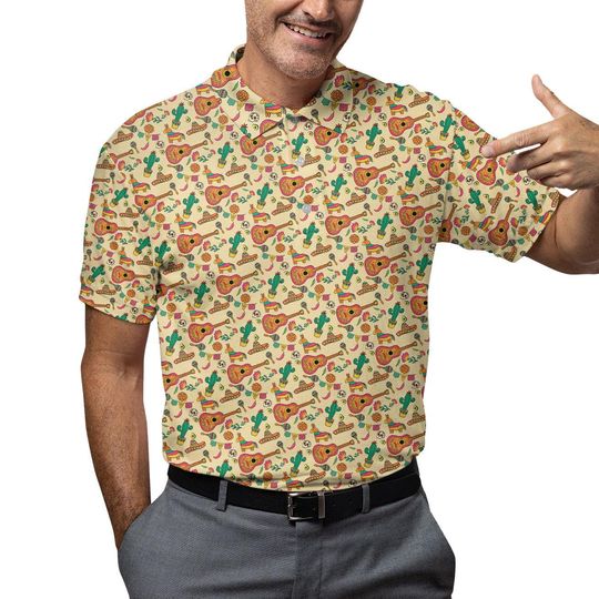 Vintage Mariachi Guitar Piata Mexico Polo, Hawaiian Golf Vacation Top, Cinco de Mayo Mens