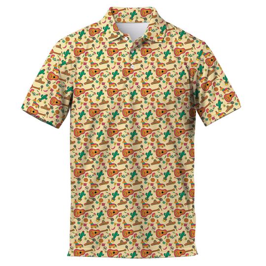 Vintage Mariachi Guitar Piata Mexico Polo, Hawaiian Golf Vacation Top, Cinco de Mayo Mens