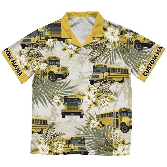 Personalized School Bus Hawaiian Shirt with Custom Name Button Down