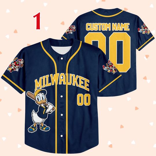 Donald Duck Brewers Baseball Team Jersey, Custom Donald Duck Milwaukee Baseball Team Jersey, Mickey Lovers, Baseball Fans