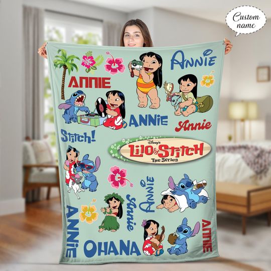 Personalized Lilo Stitch Fleece Blanket, Custom Name Kids Blanket, Disney Birthday Gift, Christmas Gift for Kids