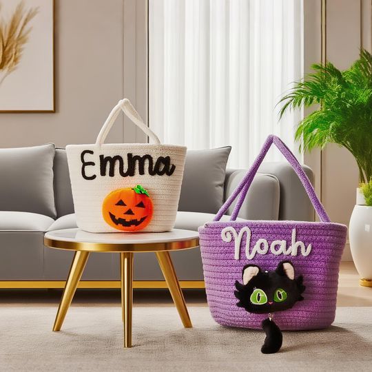 Personalized Halloween Candy Basket - Custom Named Candy Bags for Kids, Toy Storage, and Halloween Gifts