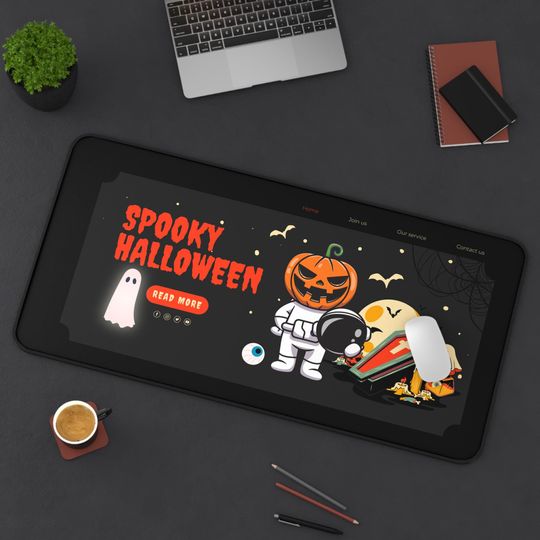Spooky Halloween Desk Mat: Pumpkin Astronaut, Ghosts & Bats