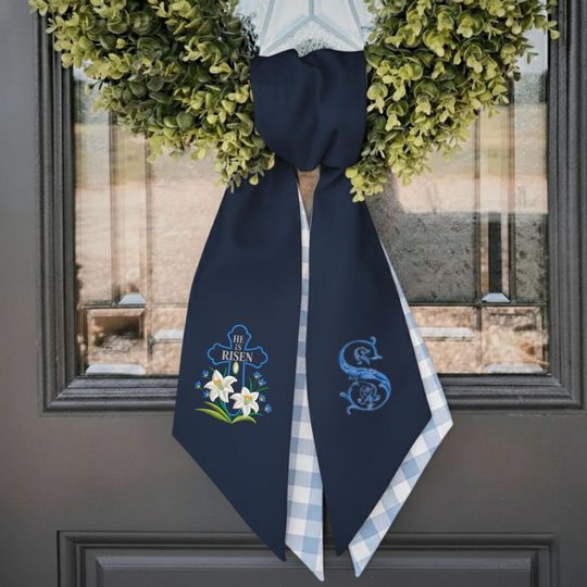 Custom He Is Risen With Cross Flowers Embroidered Wreath Sash, Personalised Monogram Initials Easter Home Decor, Linen Sash For Spring