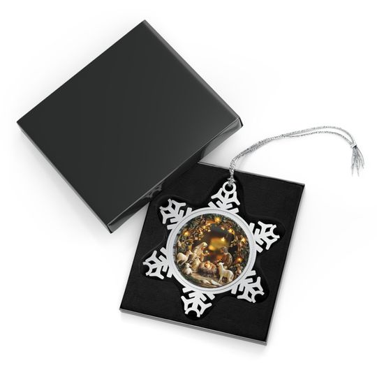 Pewter Snowflake Christmas Ornament: Nativity Scene Holiday Keepsake