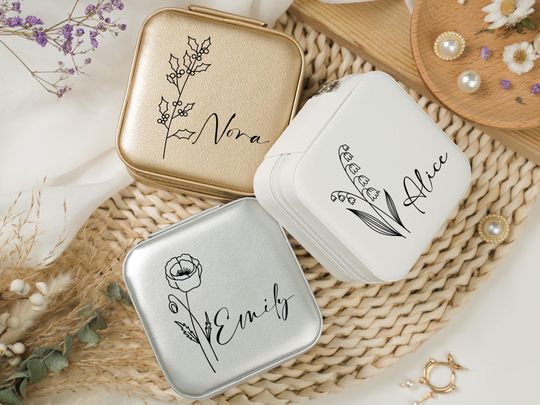 Personalized Birth Flower Jewelry Travel Case with Name - Birthday & Wedding Gift