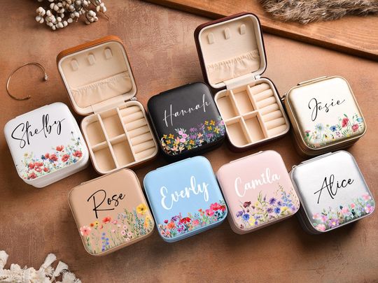Personalized Birth Flower Leather Travel Jewelry Box with Name - Bridesmaid Gift