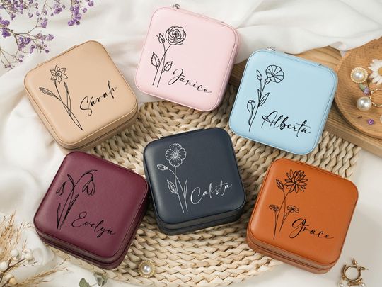 Personalized Birth Month Flower Travel Jewelry Case - Bridesmaid & Wedding Gift