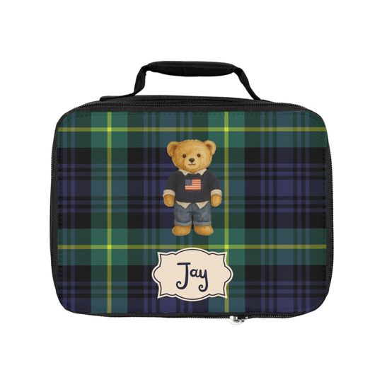 Personalized Lunch Bag, Preppy Teddy Bear Lunch Box