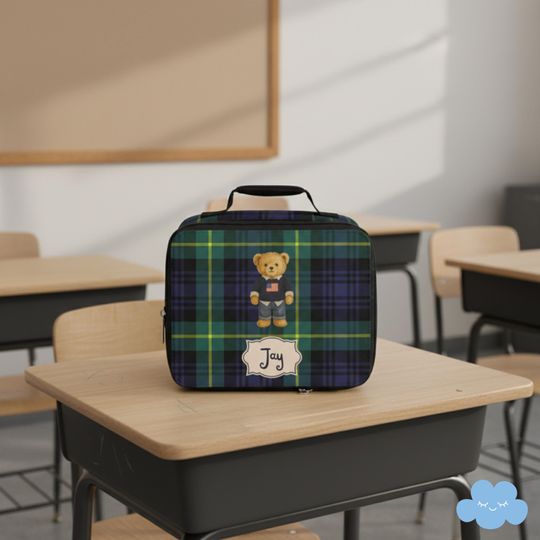 Personalized Lunch Bag, Preppy Teddy Bear Lunch Box