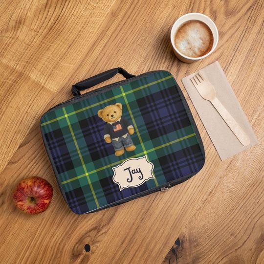 Personalized Lunch Bag, Preppy Teddy Bear Lunch Box