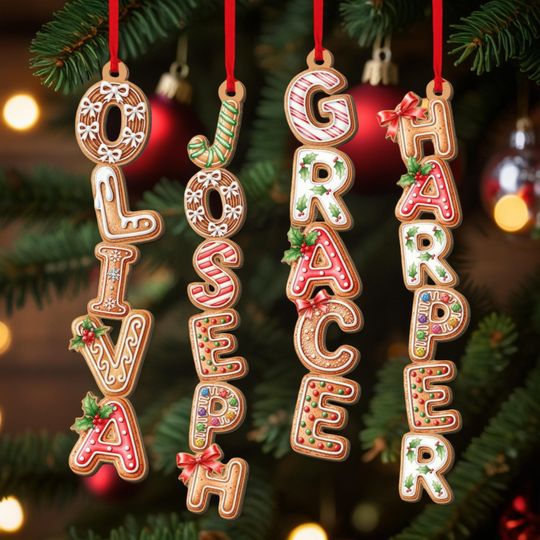 Custom Alphabet Gingerbread Ornament, Christmas Tag for Stockings, Kids Name Ornament, Christmas Ornaments for Family, Kids Christmas Gifts