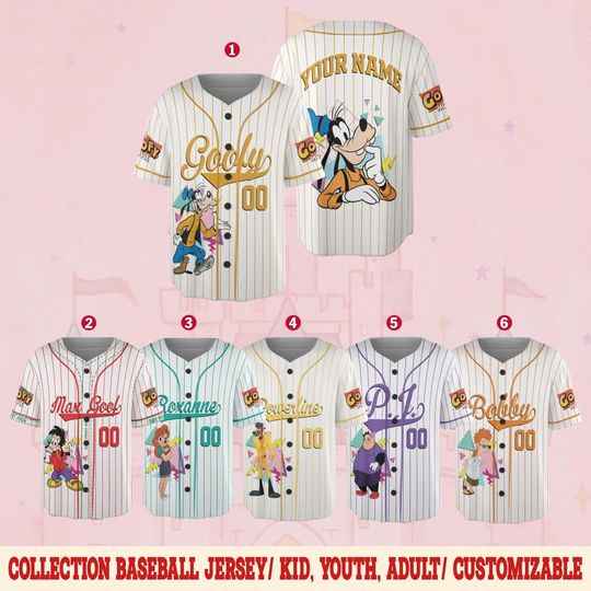Personalized Disney A Goofy Movie Baseball Jersey, 90s Goofy Max Goof Roxanne Kids Youth Adult Baseball Team, Powerline Stand Out Tour