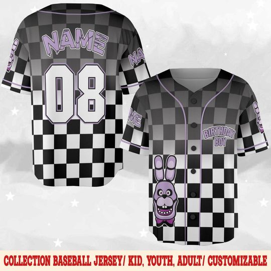 Bonnie FNAF Birthday Baseball Jersey, Personalized Name Age Five Nights at Freddy