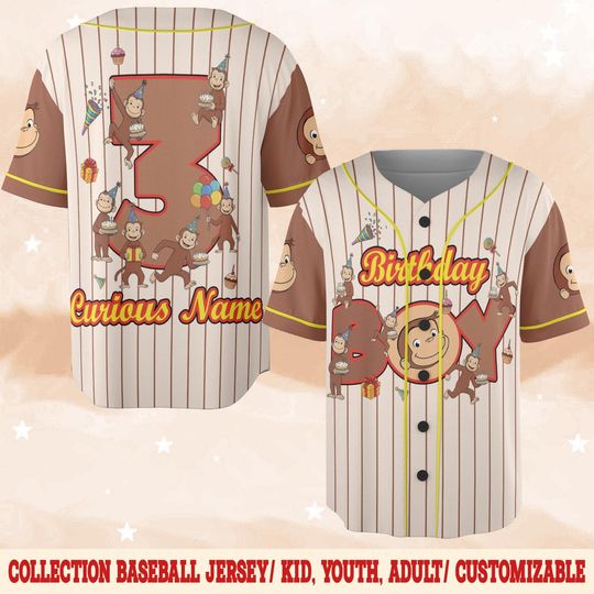 Curious George Birthday Baseball Jersey, Personalized Name Age George Birthday Jersey Shirt