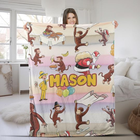 Personalized Curious George Blanket, Birthday Gifts, Moneky George, Money Lover Blanket