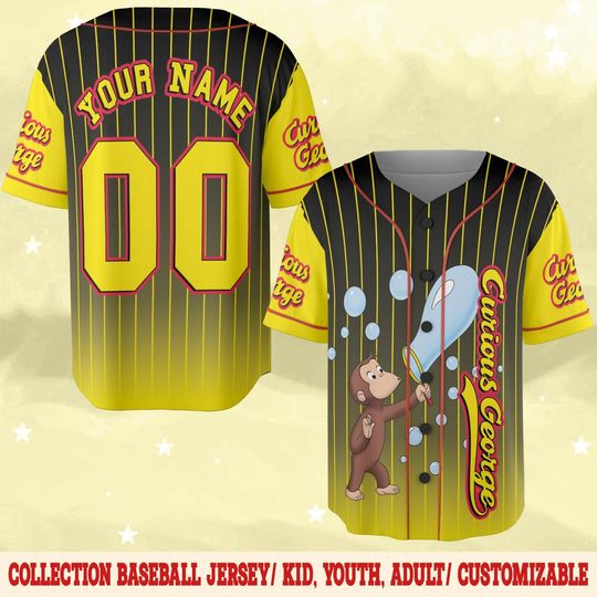 Personalized Curious George Birthday Baseball Jersey, Custom Name Age Monkey Party Family Matching Shirt