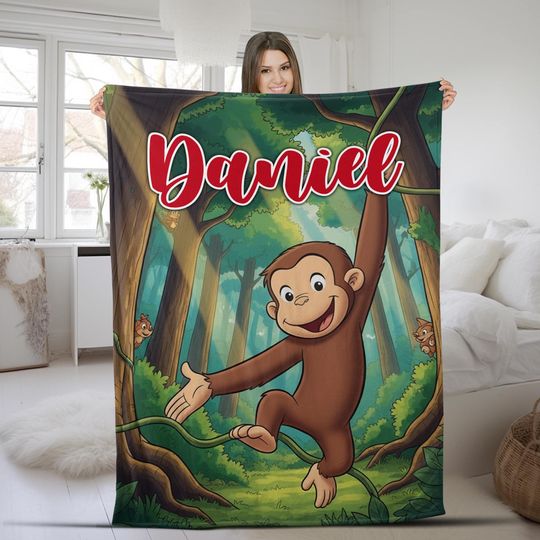 Personalized Curious George Blanket, Custom Name Curious George Blanket, Birthday Gifts, Cute Moneky George, Money Lover Blanket