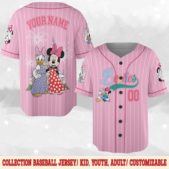 Personalized Disney Minnie Daisy Bestie Baseball Jersey, Custom Disneyworld Girls Trip Jersey, Disney Besties Shirt, Disney Trip Tee