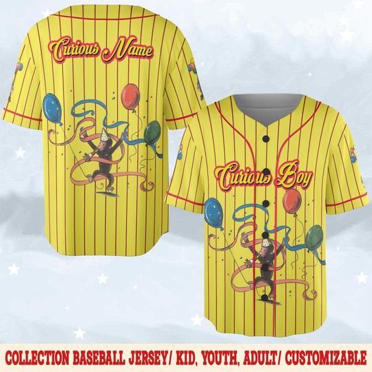 Discover Personalized Curious George Birthday Baseball Jersey, Custom Name Number Yellow Birthday Boy Jersey
