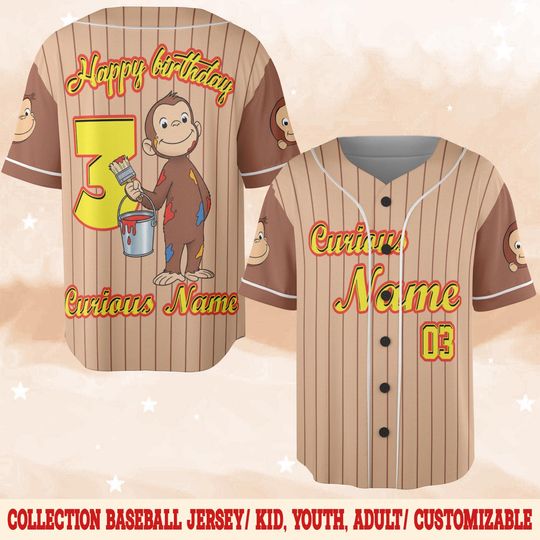Personalized Curious George Birthday Baseball Jersey: Custom Name Number Monkey Party Shirt