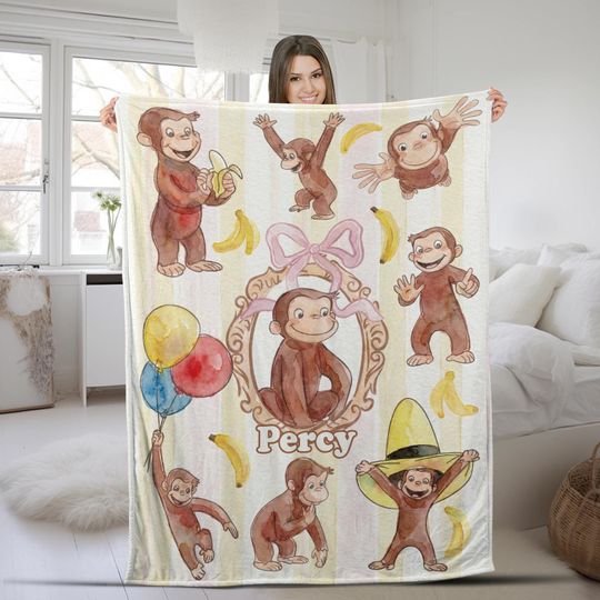 Personalized Curious George Blanket, Custom Name Blanket, Birthday Monkey George Blanket