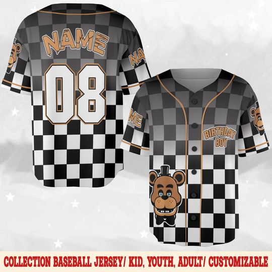 Freddy FNAF Birthday Baseball Jersey, Personalized Name Age Five Nights at Freddy