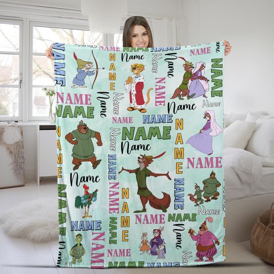 Personalized Disney Robin Hood Blanket, Custom Name Robin Hood Birthday Gifts, Lady Marian Little John Friar Tuck Robin Hood Blanket