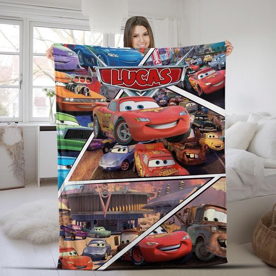 Lightning Mcqueen Blanket, Customized Name Disney Cars Blanket, Custom Name Blanket, Car Fleece Mink Sherpa Blanket, Magic Kingdom