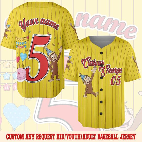 Custom Curious George Birthday Baseball Jersey, Kids Personalized Monkey Party Outfit