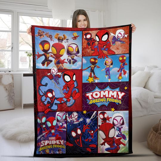 Personalized Name Spider Gwen Blanket, Spiderman Blanket, Spidey and His Amazing Friends Blanket, Cartoon Spidey Fleece Mink Sherpa