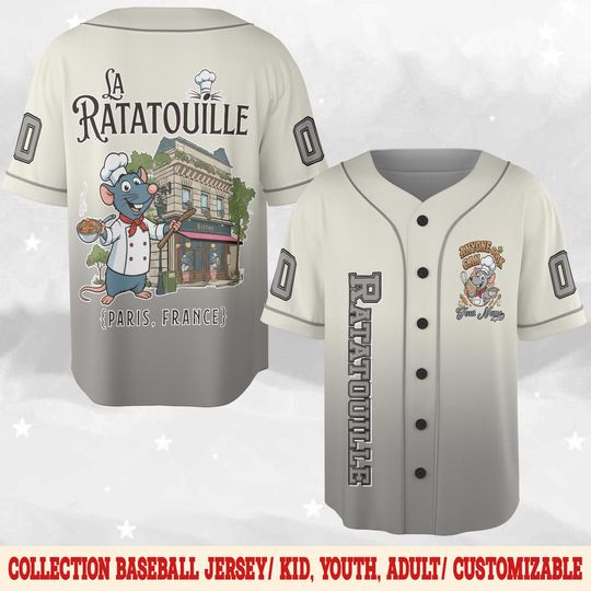 Personalized Disney Ratatouille Little Chef Remy Baseball Jersey, Anyone Can Cook Ratatouille Remy Gusteau's Paris France Kids