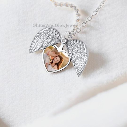Personalized Angel Wing Heart Photo Necklace: Stainless Steel Keepsake
