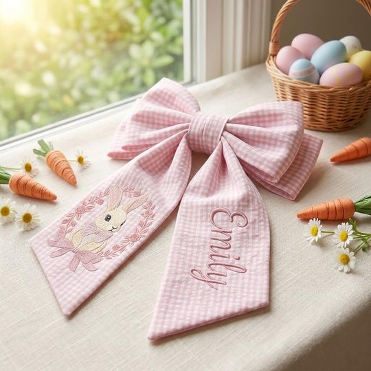 Personalized Seersucker Easter Basket Bow,Monogrammed Handle Decoration  Ribbon,Personalized Christian Easter Ribbon,Easter Door Wreath Sash