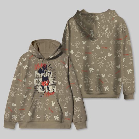 Mickey Mouse Sketch All Over Print Hoodie, Disney Doodle Style 3D Hoodie