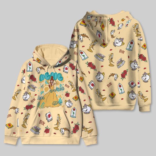 Disney Beauty and the Beast Doodle All Over Print Hoodie, Belle Princess Portrait 3D Hoodie