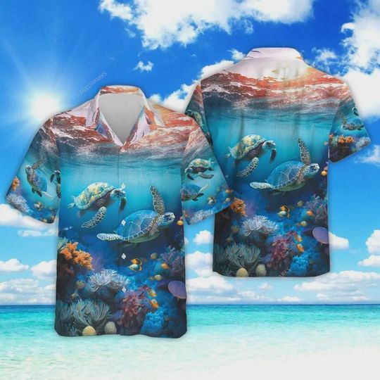 Sea Turtle Hawaiian Shirts, Marine Life Tropical Summer Beach Shirts, Tropical Ocean Coral Aloha Shirt, Sea Animals Button Down Short Sleeve