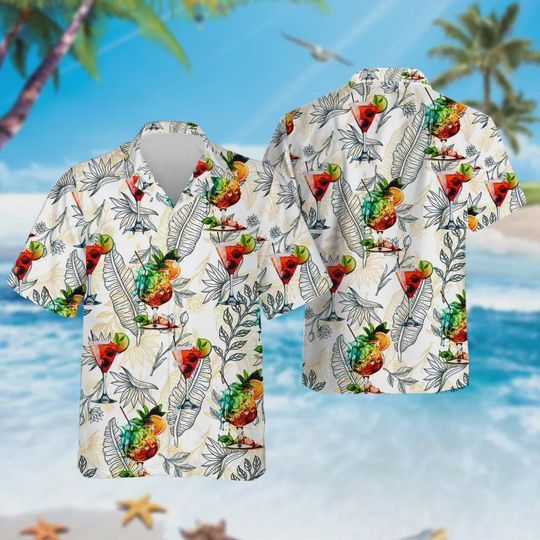 Cocktail Hawaiian Shirt, Tropical Leaves Aloha Button Down Shirts, Vacation Family Clothing, Summer Trip Gift