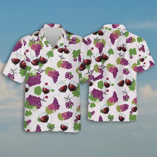 Wine Glass And Grapes Hawaiian Shirt For Men Women, Grape Wine Button Down Hawaiian Shirt Short Sleeve, Wine Lovers Gift, Aloha Vibes Beach