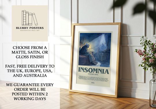 Insomnia by Stephen King Descriptive Poster Print.  Wall Art Author & Blurb Book Artwork