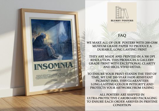 Insomnia by Stephen King Descriptive Poster Print.  Wall Art Author & Blurb Book Artwork
