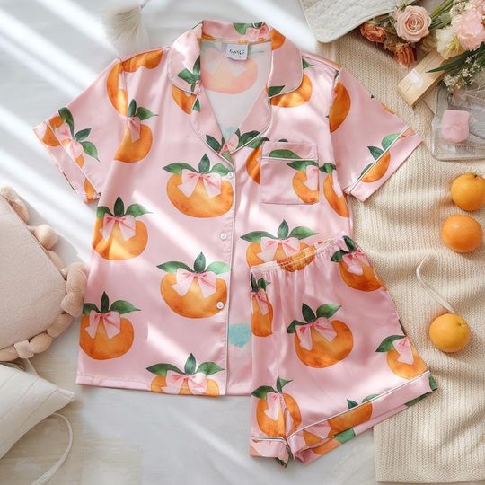 Coquette Bow Orange Fruit Pajamas Set, Bridesmaid Pajamas