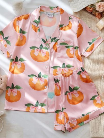 Coquette Bow Orange Fruit Pajamas Set, Bridesmaid Pajamas