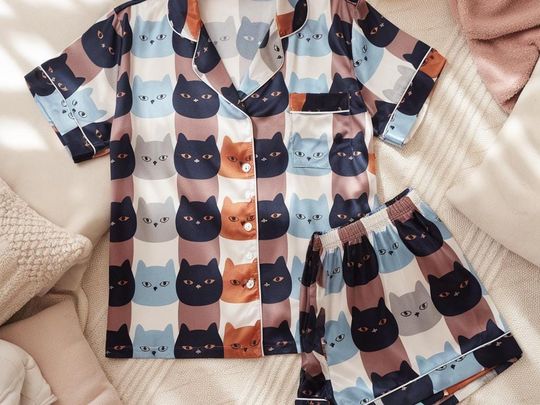 Autumn Cats Face Pajamas, Halloween Pajamas Set, Cat Pajamas, Fall Cats Pajamas