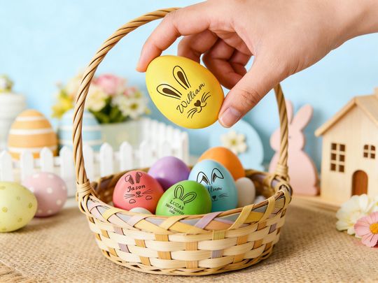 Personalized Colorful Wooden Easter Egg, Engraved Keepsake, Baby's First Easter Basket Filler