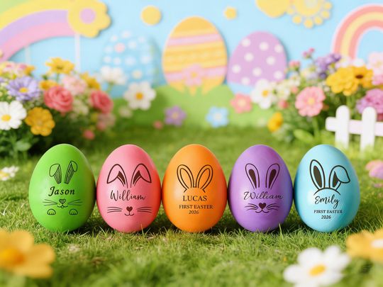Personalized Colorful Wooden Easter Egg, Engraved Keepsake, Baby's First Easter Basket Filler