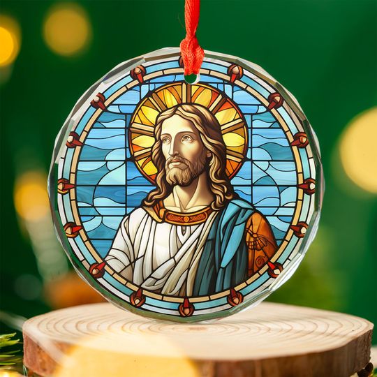 Sacred Jesus Portrait Ornament | 3" Stained Glass Style Acrylic Christmas Decoration | Christian Keepsake Gift