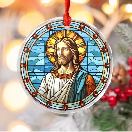 Sacred Jesus Portrait Ornament | 3" Stained Glass Style Acrylic Christmas Decoration | Christian Keepsake Gift