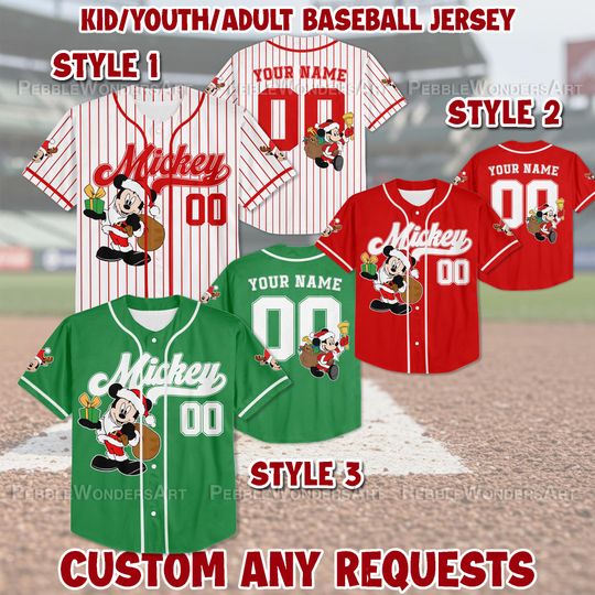 Personalized Disney Mickey Christmas Baseball Jersey Custom Team Shirt Birthday Gift for Family Fans